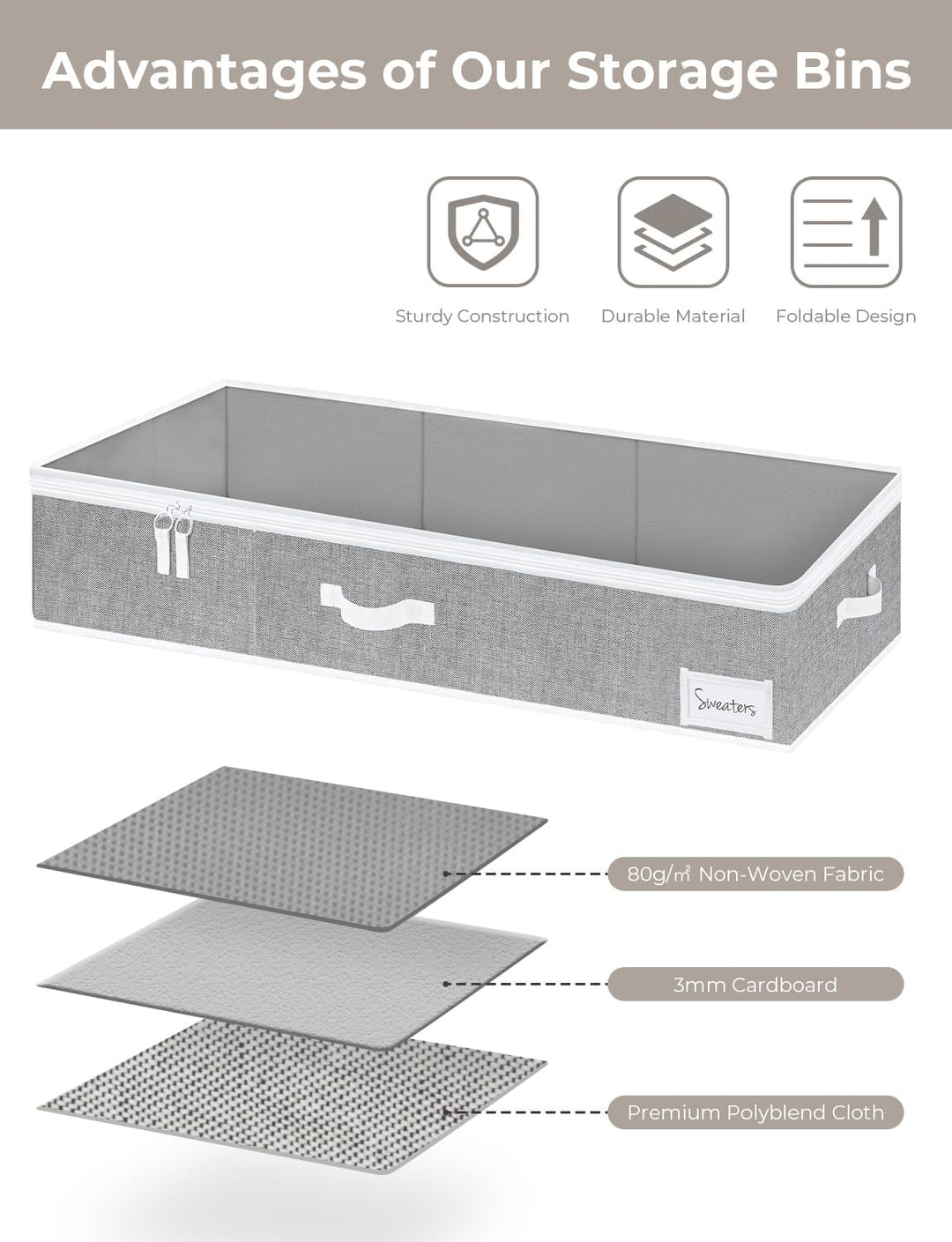 StorageWorks grosse Unterbett Aufbewahrungsbox mit Deckel, Kleiderschrank Organizer mit Griffen, fal