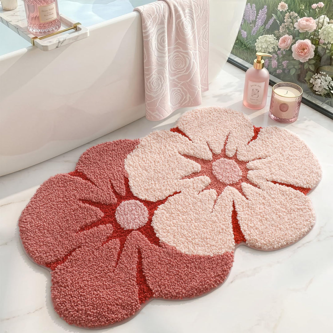 DEXI Badezimmerteppich 50 x 80 cm, Badematte rutschfest Absorbierende mit Blumenmuster, Blumenförmig