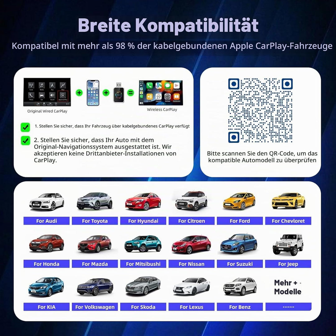 4 in 1 CarPlay Wireless Adapter, Kabelgebunden zu Kabellos für CarPlay &amp; Android Auto, mit MirrorLin