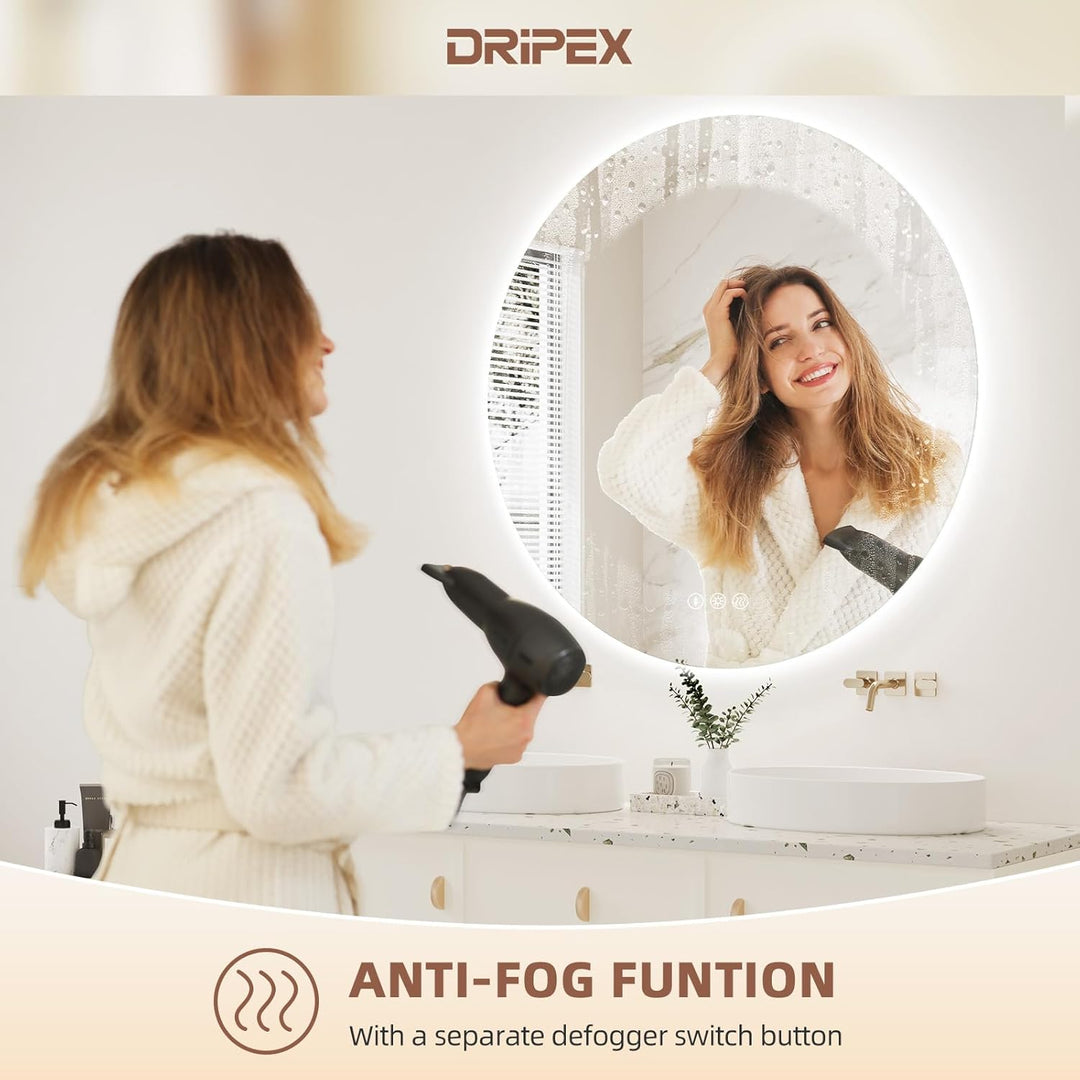 Dripex Badezimmerspiegel Led Badspiegel Rund, Touch-Schalter, Dimmbar, 3 Lichtfarbe Einstellbare Spi