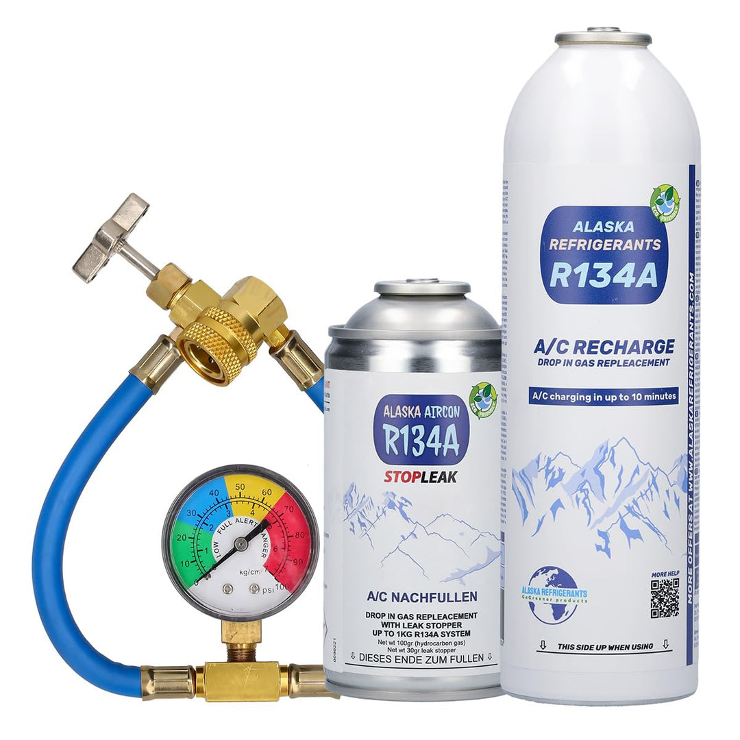 Alaska Refrigerants R134a Ersatzkältemittel für Fahrzeuge + Dichtmittel + Schlauch &amp; Manometer
