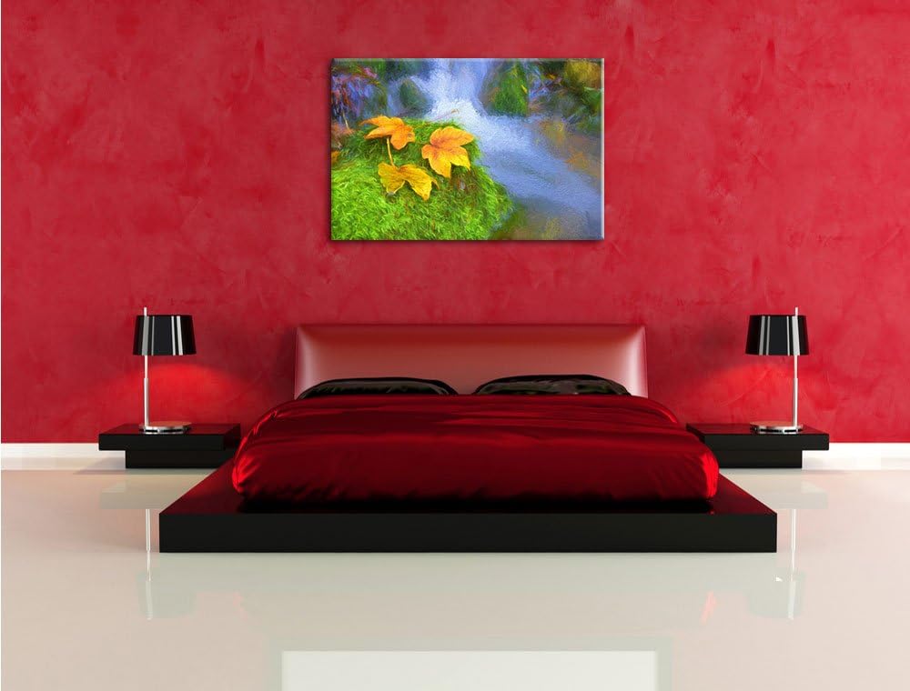 Pixxprint Herbstblätter am Wasserfall Bunstift Effekt, Format: 100x70 auf Leinwand, XXL riesige Bild