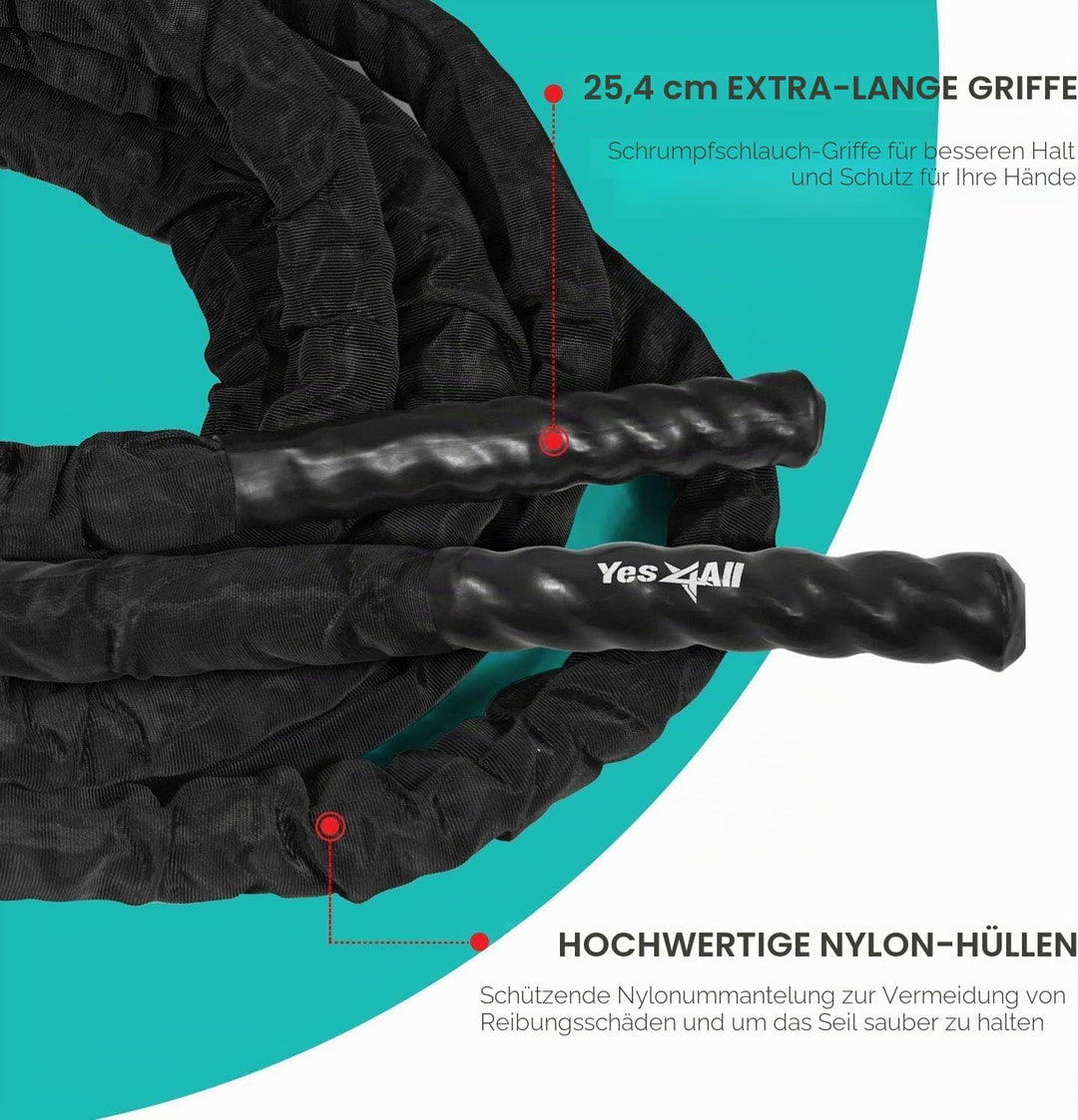 Yes4All Battle Rope, Trainingsseil, Übungsseil mit Schutzhülle - Stahlanker & Riemen inklusive Train