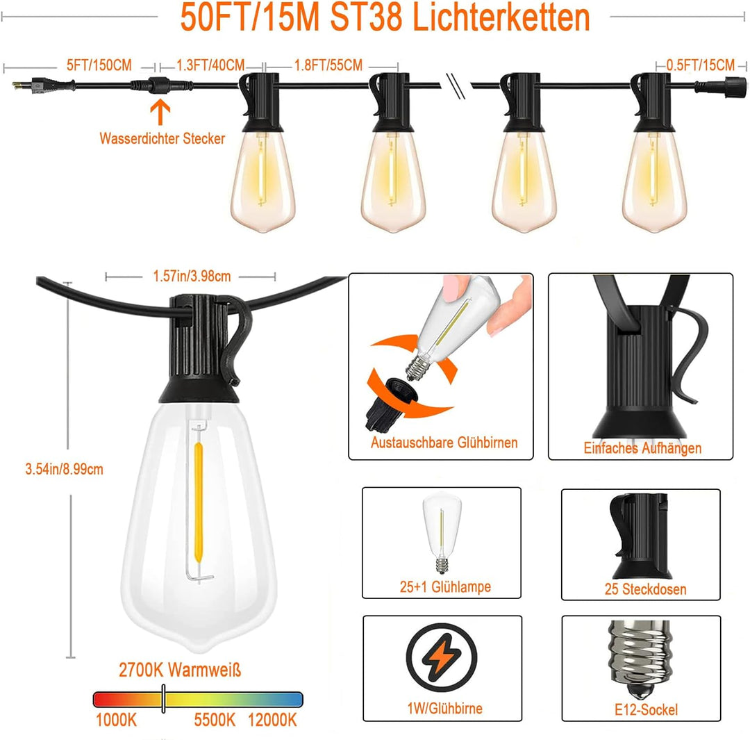 15M Lichterkette Aussen LED ST38 Edison Outdoor Lichterkette wasserdicht IP44 mit 25+1 Plastikbirne