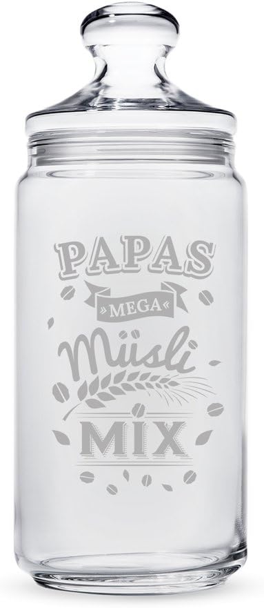 Casa Vivente – Müsliglas mit Gravur – Papas Mega Müsli Mix – Aufbewahrungsglas mit luftdichtem Versc