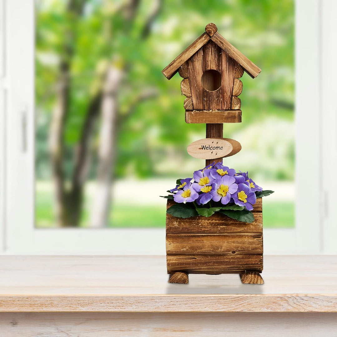 Relaxdays Deko Vogelhaus mit Blumentopf, Tannenholz, rustikales Design, HxBxT: 41 x 15 x 15 cm, Deko