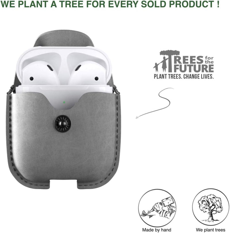 Woodcessories - AirPods 1 & 2 Leder Hülle mit Halskette, AirCase (Grau) AirPods 1 & 2 Grau, AirPods