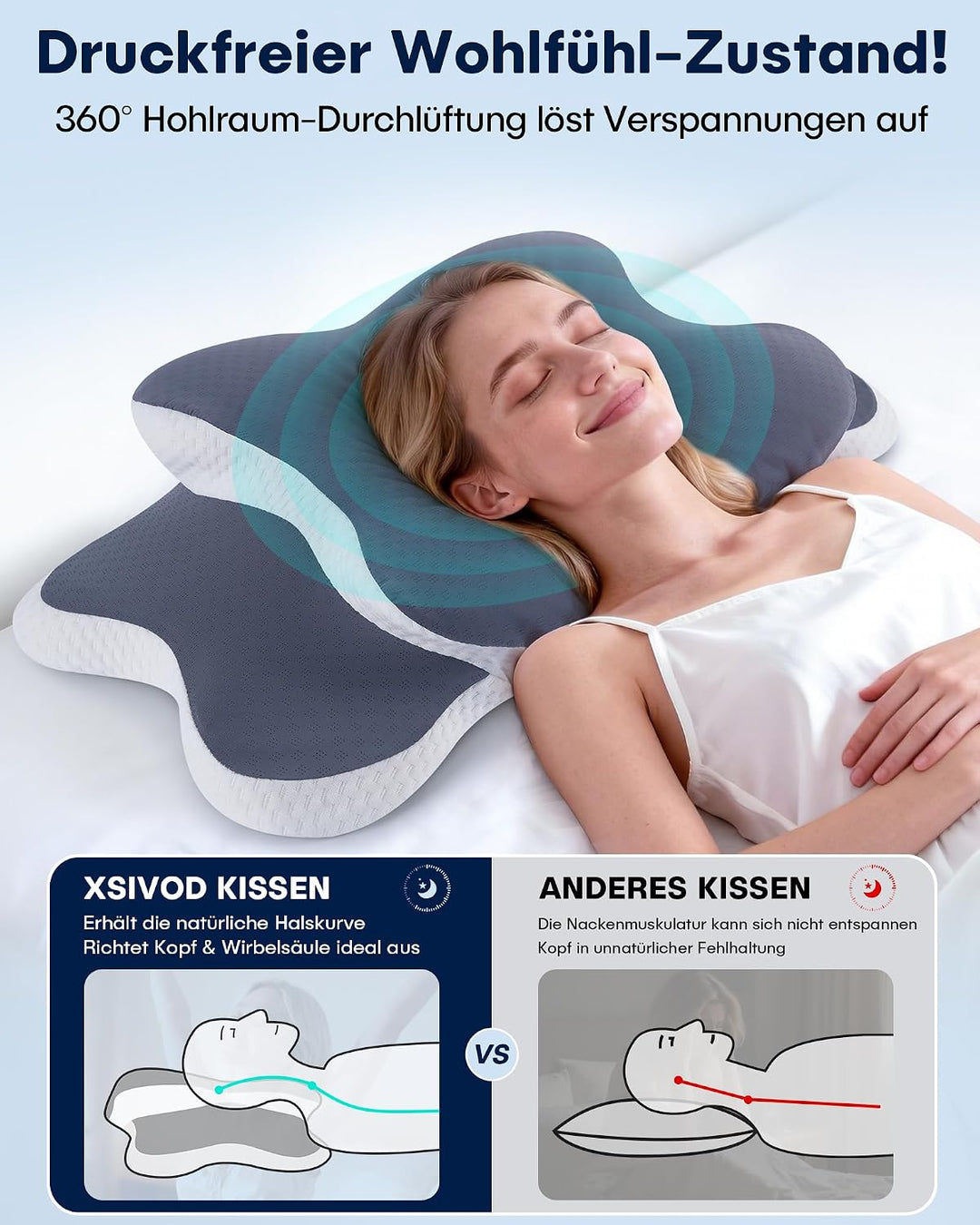 XSIVOD Orthopädisches Nackenkissen Kopfkissen - Ergonomisches Memory Foam Kissen mit Kühleffekt, Nac