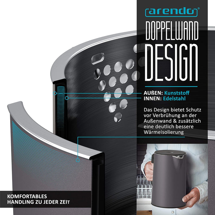 Arendo - Edelstahl Wasserkocher mit Temperatureinstellung 40-100 Grad in 5er Schritten - Doppelwand