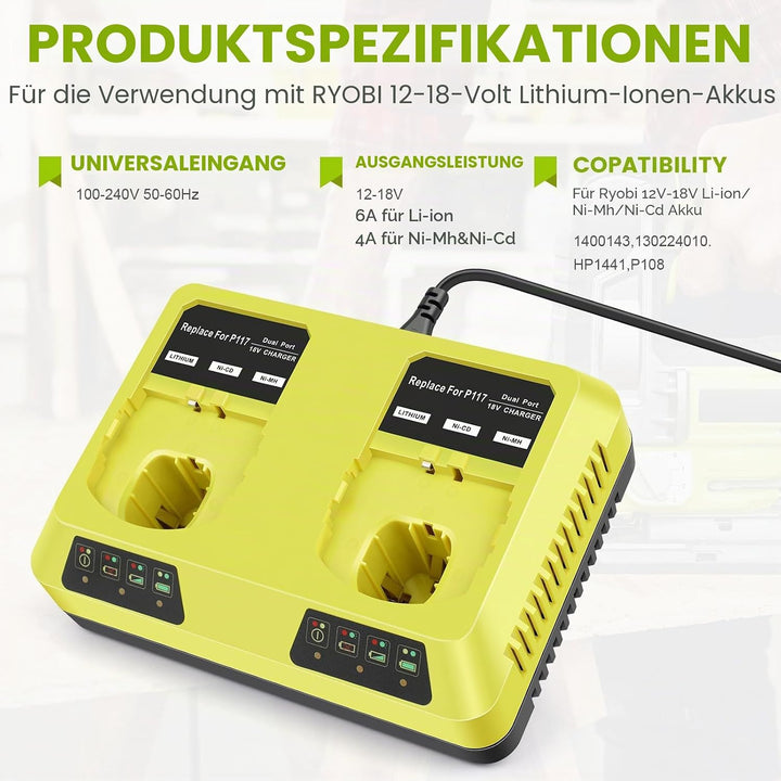 ASUNCELL P117 Dual Port Ladegerät für Ryobi Ladegerät, 18V Ersatz Ladegerät für Ryobi ONE+ P107 P108