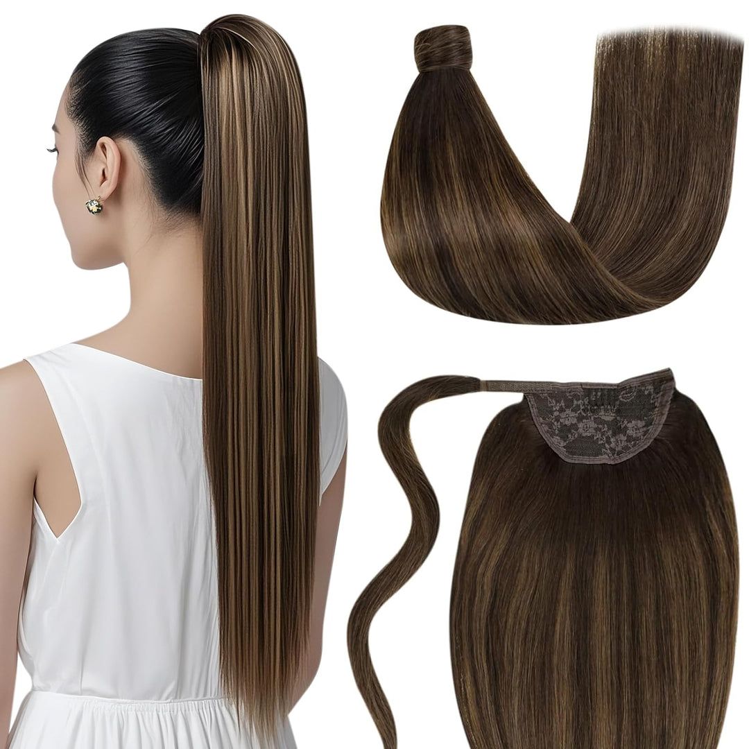 LaaVoo Zopf Extensions Echthaar Braun 40cm 80g Zopf Haarteil Extensions Echthaar Balayage Clip in Po