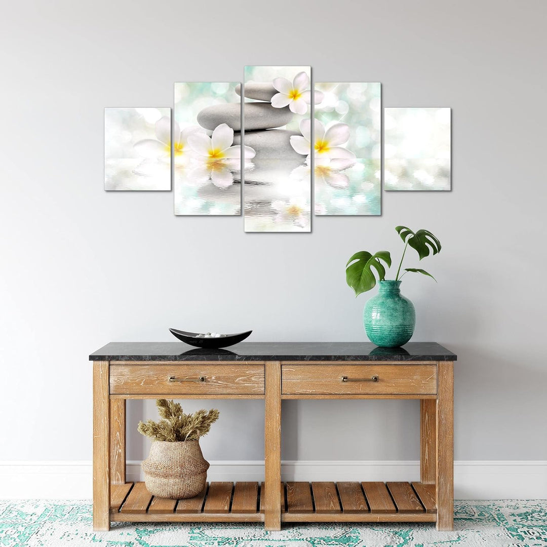 Runa Art Wandbilder Blumen Feng Shui 5 Teilig Bild auf Vlies Leinwand Deko Wohnzimmer Zen Weiss Blau
