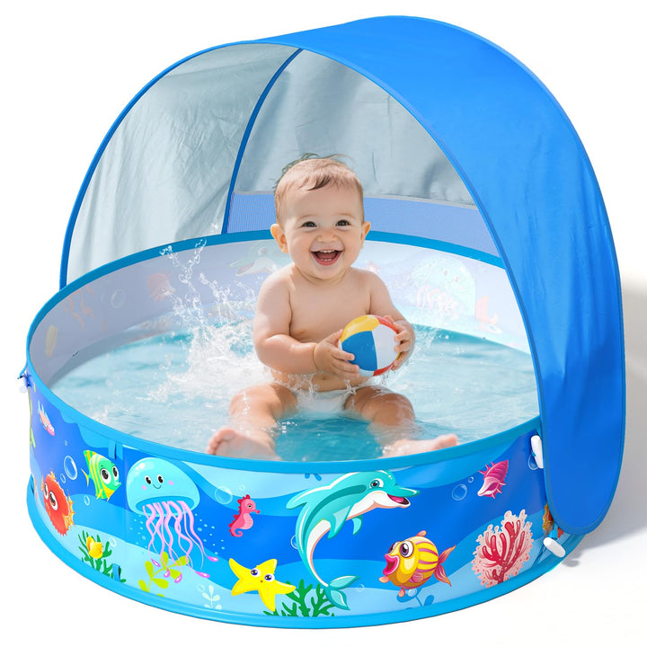 Baby Planschbecken mit Dach, Pop-Up Strandmuschel Baby UV Schutz 50+ mit Aufbewahrungstasche, 4 in 1