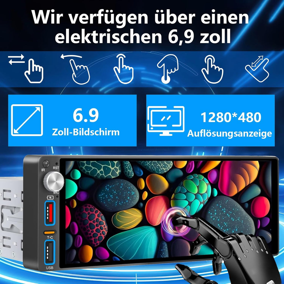 6,9 Zoll 1 Din Autoradio mit drahtlosem CarPlay &amp; Android Auto, Bluetooth, Full-Touch-Autoradio-Disp