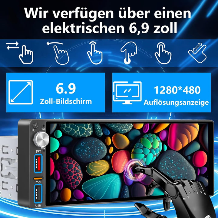 6,9 Zoll 1 Din Autoradio mit drahtlosem CarPlay &amp; Android Auto, Bluetooth, Full-Touch-Autoradio-Disp