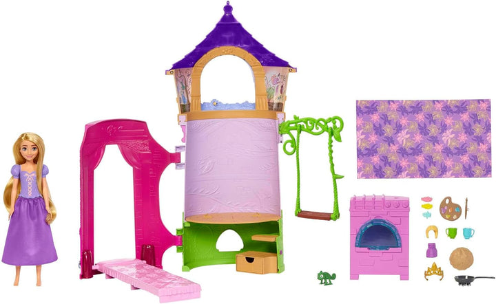 Disney Princess HMV99 - bewegliche Rapunzel-Puppe und Turm Spielset mit rundum Spielspass, 6 Spielbe
