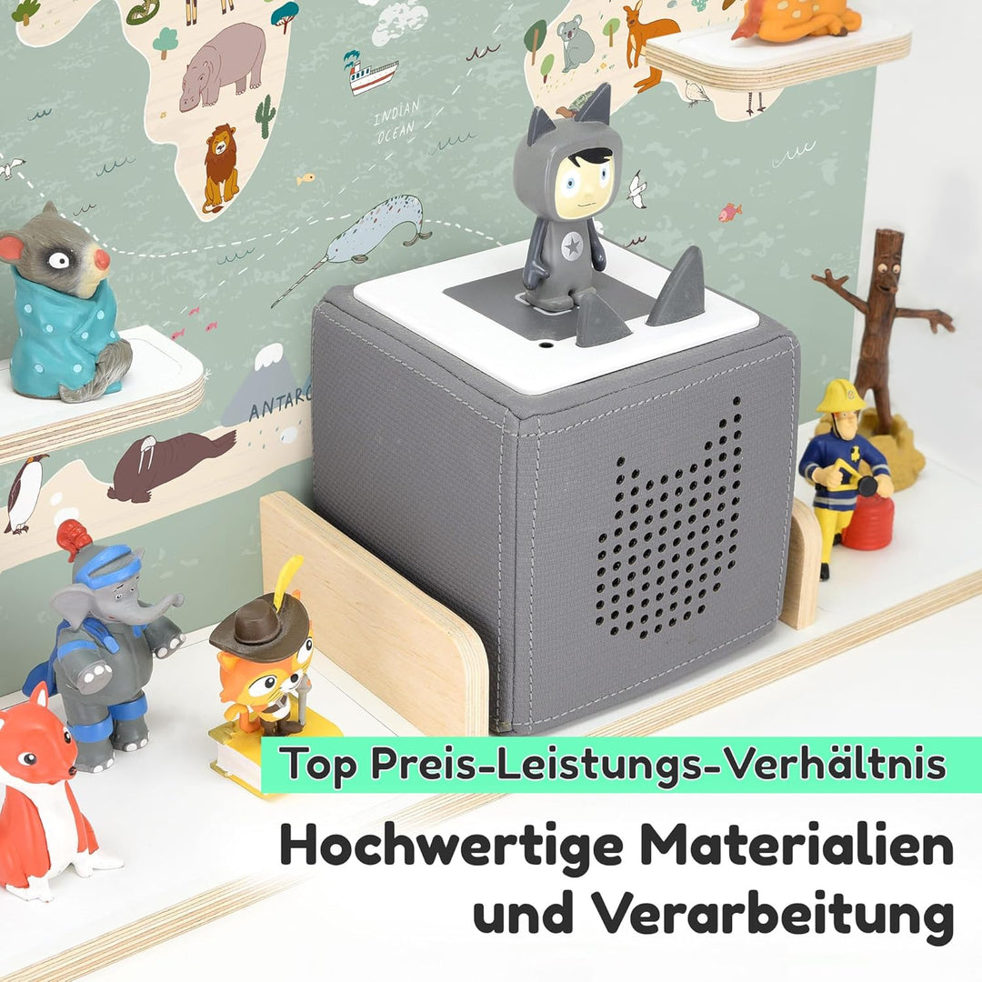 stadtecken Regal für Tonies &amp; Toniebox – Musikbox Wandregal aus 10mm Holz – Platz für 35-50 Figuren