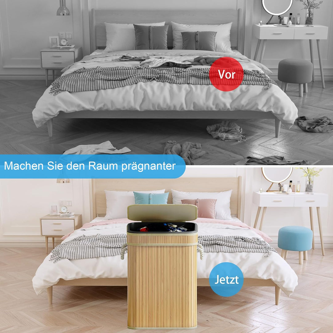 AdelDream 72L Wäschekorb aus Bambus Wäschebehälter mit Deckel Karbonisiert Waschbox Wäschetrennsyste