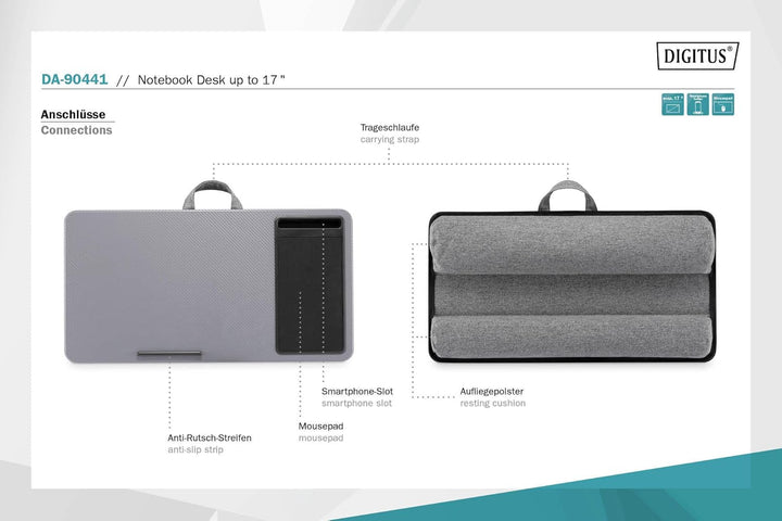 DIGITUS Notebook Kissen - mit Smartphone-Halterung - für 17" Laptops - Laptopunterlage - zum bequeme