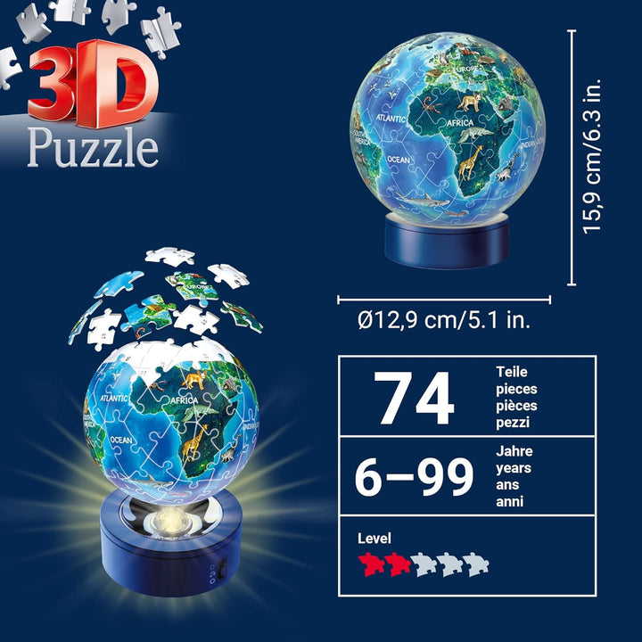 Ravensburger 3D Puzzle 11844 - Nachtlicht Erde bei Nacht - Puzzle-Ball Kinderglobus mit LED Leuchtso
