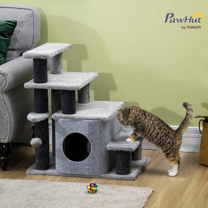 PawHut Hundetreppe 3/4 Stufen 66 cm Hoch Haustiertreppe mit Schlafhöhle, Rampe, Sipielball, Katzentr