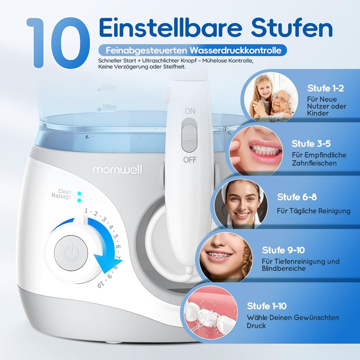 Mornwell Munddusche, Elektrische Professional Zähne mit 10 Druckstufen und 6 Düsen, 2 Modi & 600ml Z