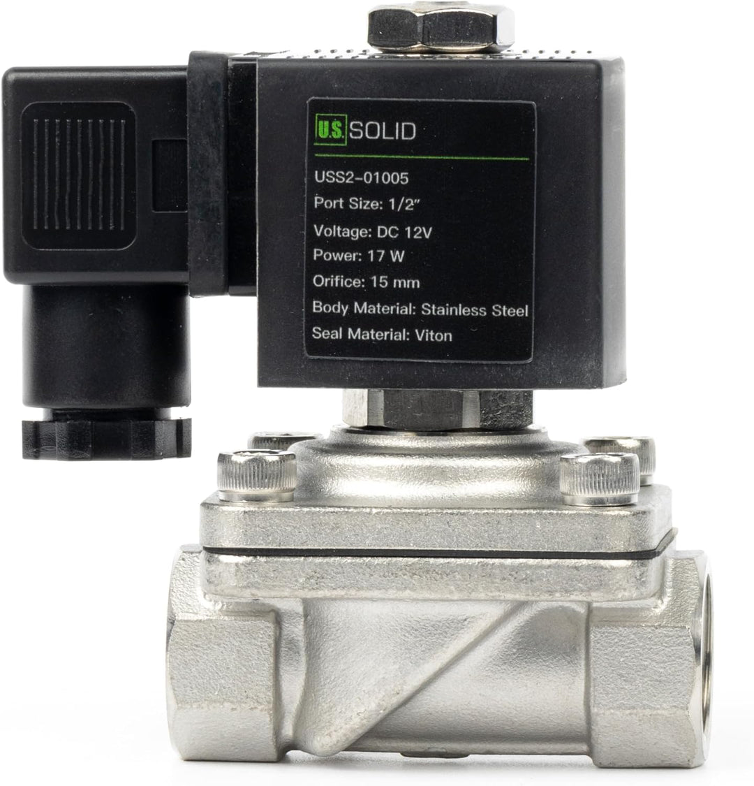 U.S. Solid 1/2" Magnetventil - Edelstahl DC 12V mit Viton-Dichtung, stromlos geschlossen, Anschlussd