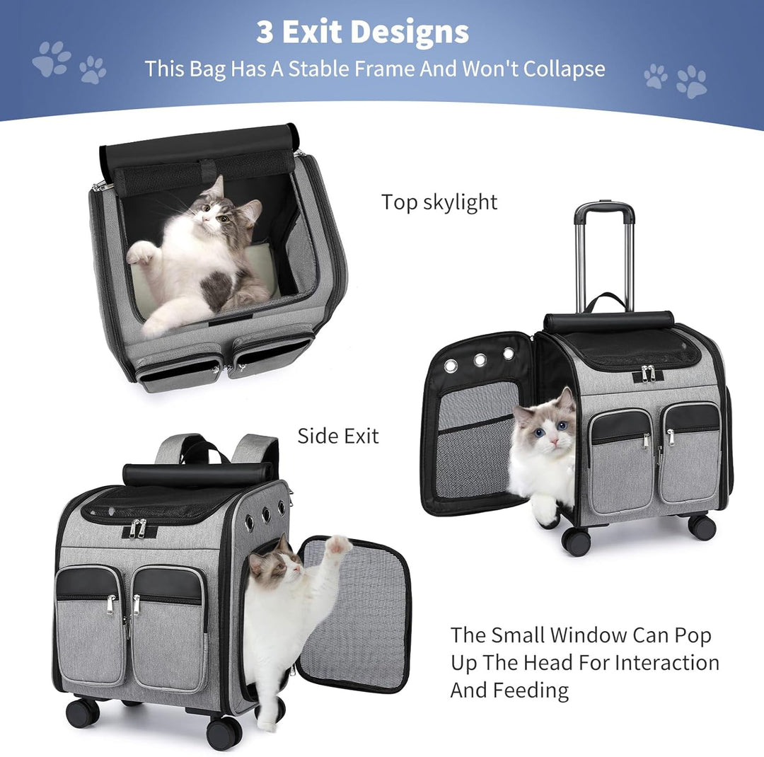 PETCUTE Katzenrucksack Hunderucksack mit Trolley 2 in 1 bis 11 kg,Faltbarer Hundetrolley mit 4 Räder