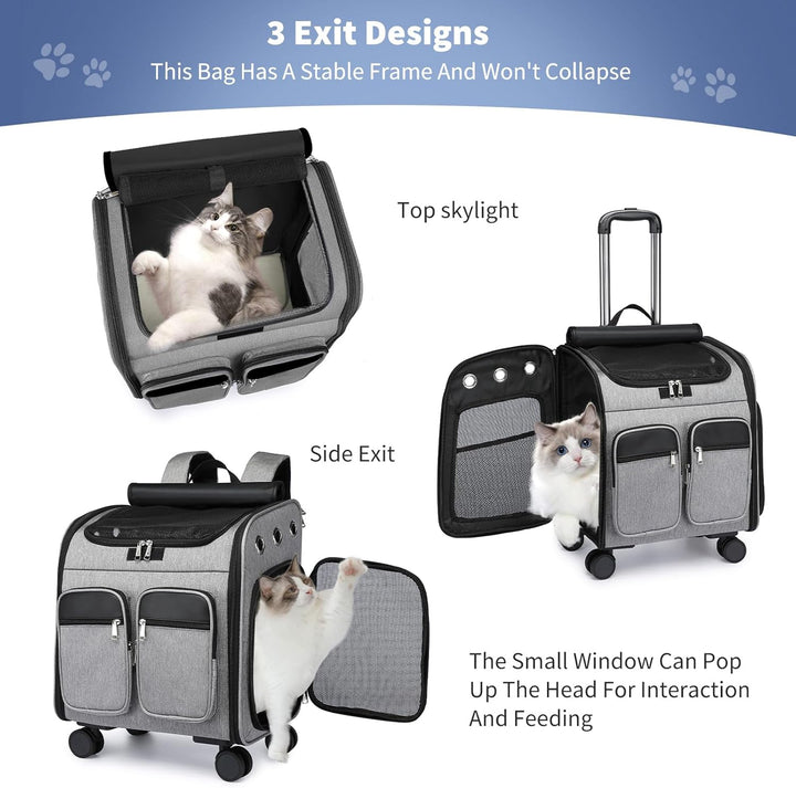 PETCUTE Katzenrucksack Hunderucksack mit Trolley 2 in 1 bis 11 kg,Faltbarer Hundetrolley mit 4 Räder