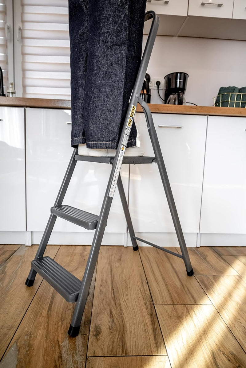 DRABEST - Stehleiter - mit 3 Stufen - bis 125 kg belastbar - 1,25 m lang - Arbeitshöhe 2,57 m - Trit