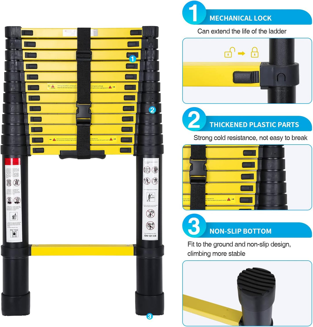Sonnewelt 3,8M Teleskopleiter mit 2 Abnehmbarem Haken, Rutschfester Aluminium Stehleiter, 150 kg/330