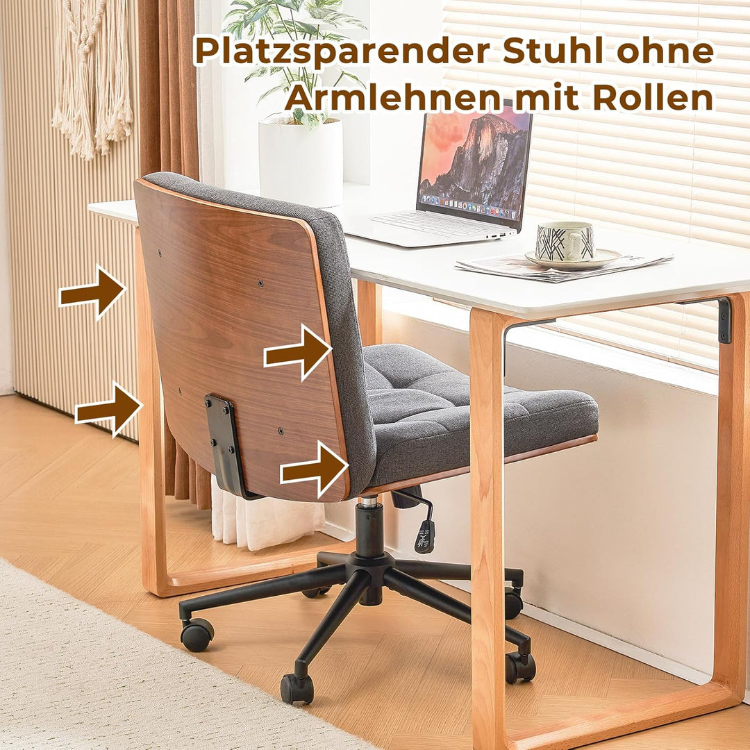 Bürostuhl Braun mit Stabiler Holzstützung, Schreibtischstuhl ohne Armlehne, Drehstuhl Büro mit Rolle