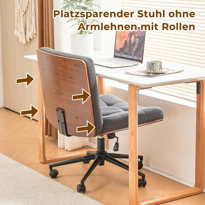 Bürostuhl Braun mit Stabiler Holzstützung, Schreibtischstuhl ohne Armlehne, Drehstuhl Büro mit Rolle