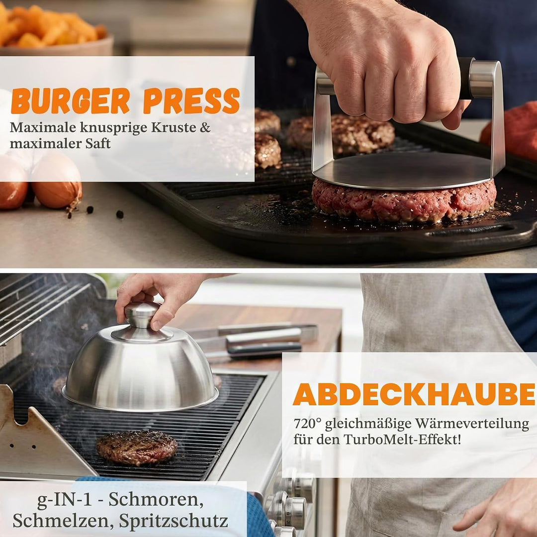 11 Stücke Smash Burger Set,BBQ Grillbesteck Set mit 2 Burgerglocken, Burgerpresse, Smasher,Pfannenwe