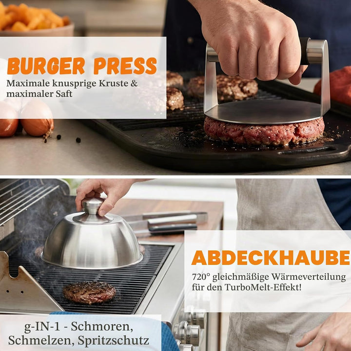 11 Stücke Smash Burger Set,BBQ Grillbesteck Set mit 2 Burgerglocken, Burgerpresse, Smasher,Pfannenwe
