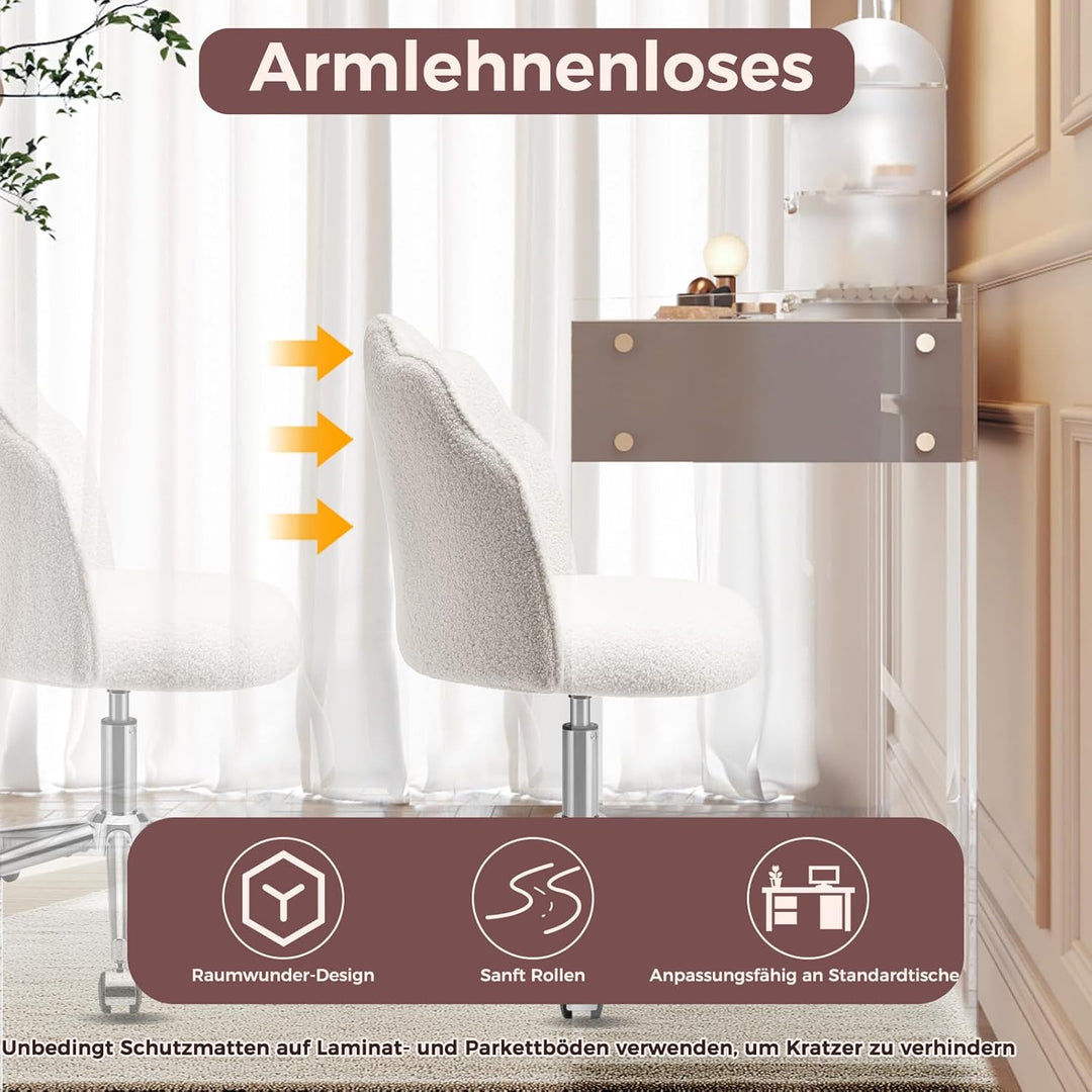 Schminktisch Stuhl mit Rollen, Drehstuhl für Mädchen, Muschelstuhl für Schlafzimmer und Home Office，