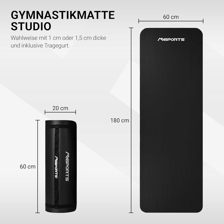 MSPORTS Gymnastikmatte Studio 183 x 61 x 1,0 oder 1,5 cm | inkl. Übungsposter und Tragegurte | Hautf