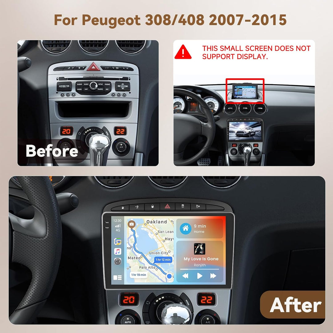Hikity Android 15 4+128G Autoradio für Peugeot 308/408 2007-2015 mit 9 Zoll Incell Touchscreen, Auto