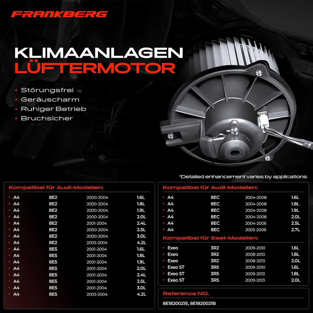 Frankberg Heizungsgebläse Gebläsemotor Kompatibel mit A4 8E2 B6 1.6L-4.2L 2000-2004 Exeo ST 3R5 1.6L