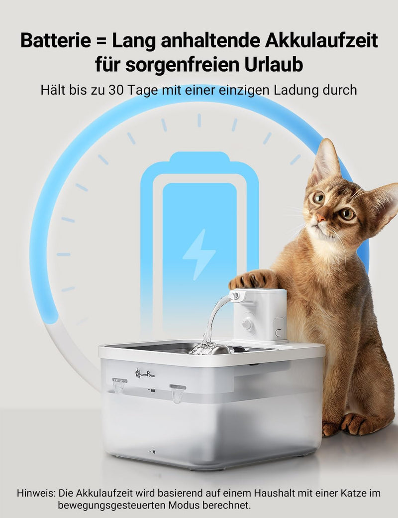 DownyPaws Katzenbrunnen Kabellos, 2.5L Trinkbrunnen für Katze mit Bewegungsmelder, Batteriebetrieben