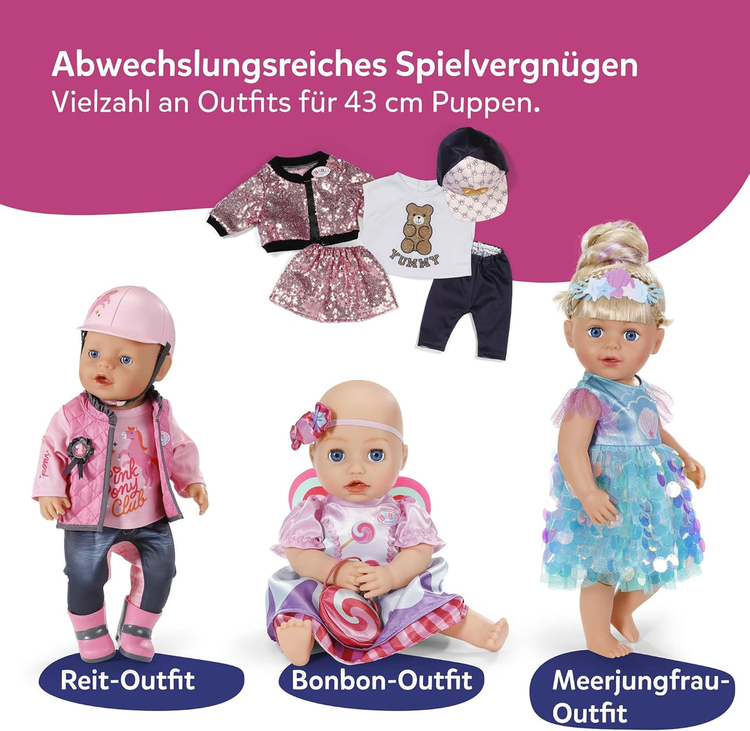 Baby Born Glam-Outfit mit pinkem Pailletten-Rock &amp; Jacke, Shirt mit Teddydruck, Cap &amp; Leggins für 43