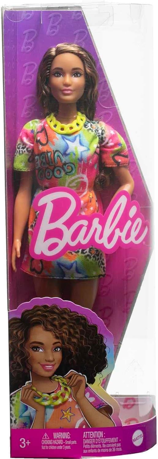 Barbie HPF77 Puppe, Spielzeug für Kinder, lockige, braune Haare, Fashionistas, athletischer Körperba