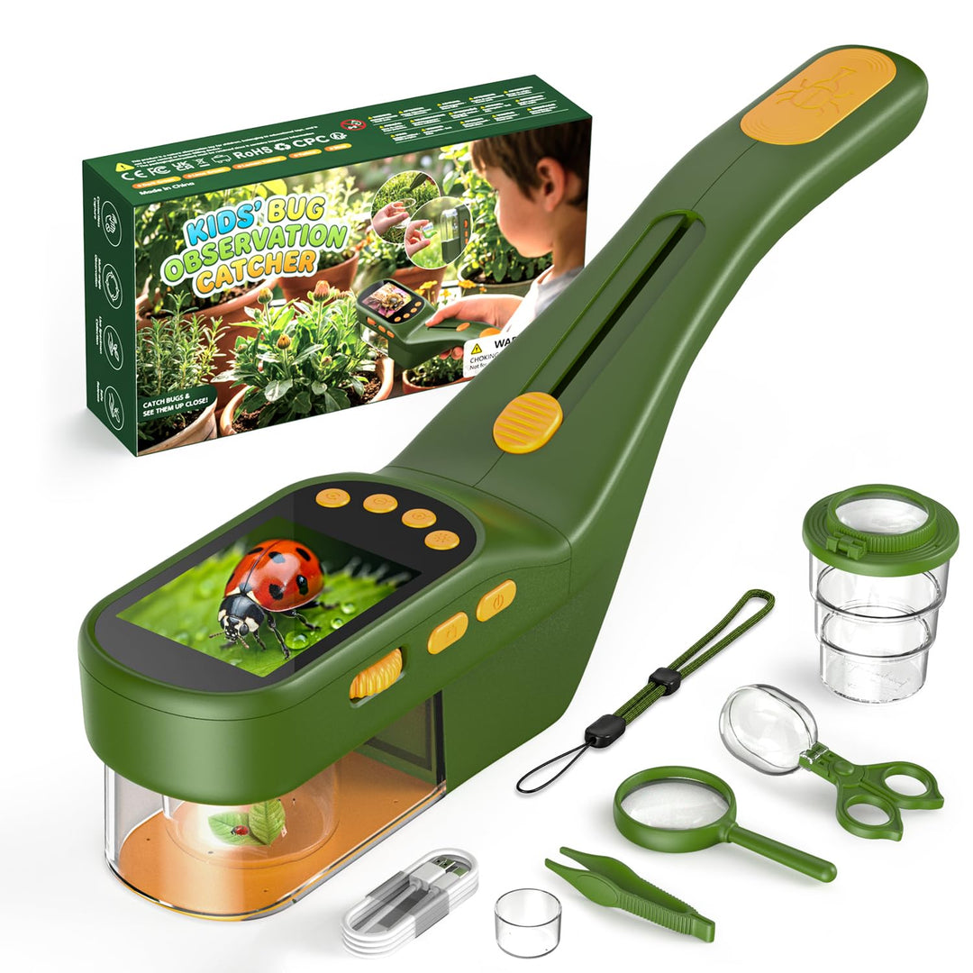 3-in-1 Insektenfänger für Kinder, Mikroskop für Kinder mit 2,4-Zoll-IPS-Display, 500X Vergrösserung