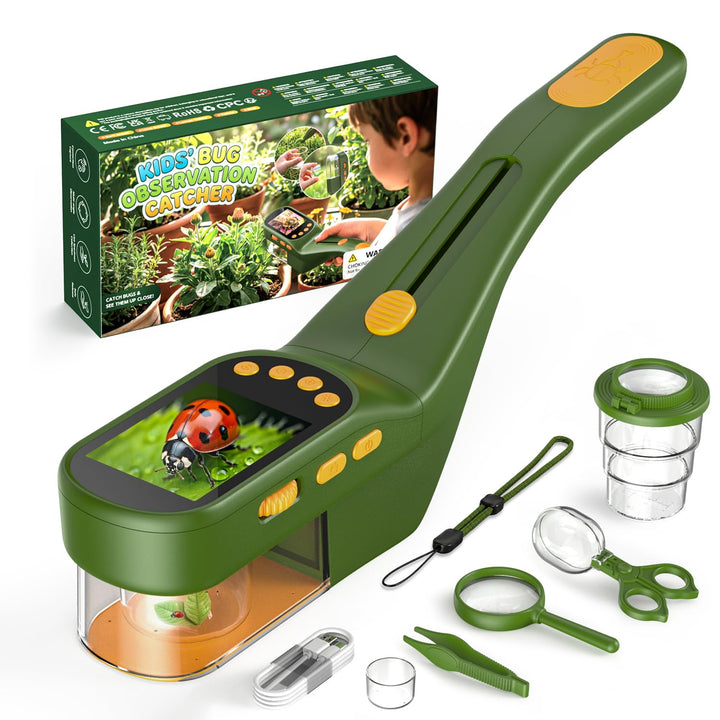 3-in-1 Insektenfänger für Kinder, Mikroskop für Kinder mit 2,4-Zoll-IPS-Display, 500X Vergrösserung