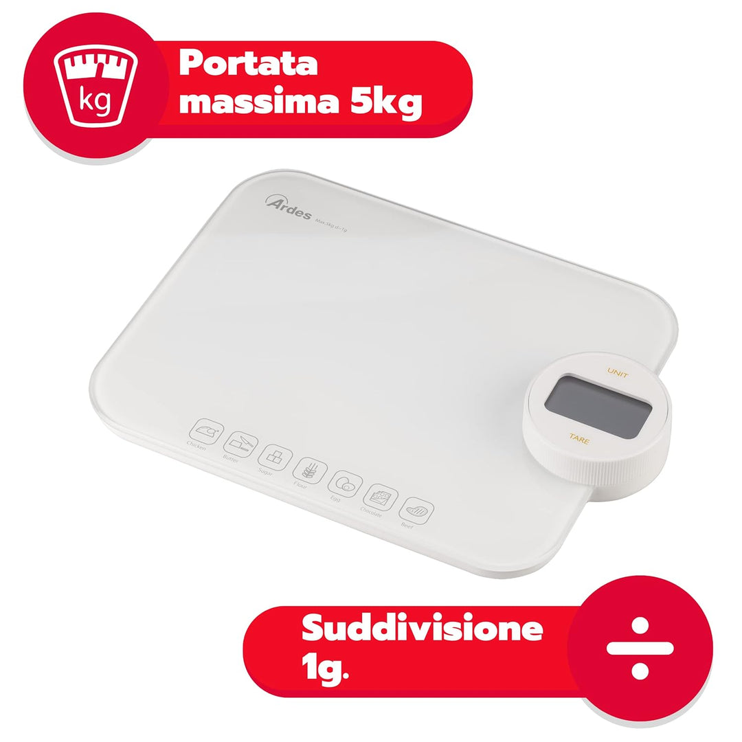 ARDES - AR1PABFC Digitale Küchenwaage ohne Batterie, Elektronische Lebensmittelwaage, LCD-Display un