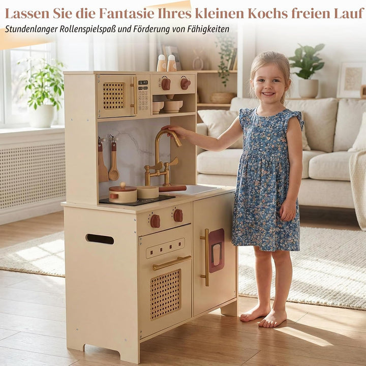 WoodenFun Rosa Retro Kinderküche aus Holz Creme-Beige Spielküche mit Mikrowelle, Backofen, Spüle &amp; Z