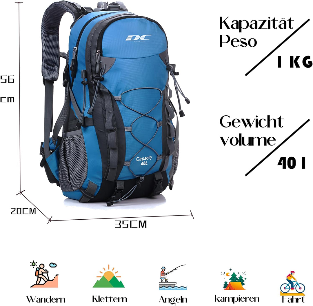Wanderrucksack 40l Damen Herren Rucksack Wasserdicht Reiserucksack mit Regenschutz Blau, Blau