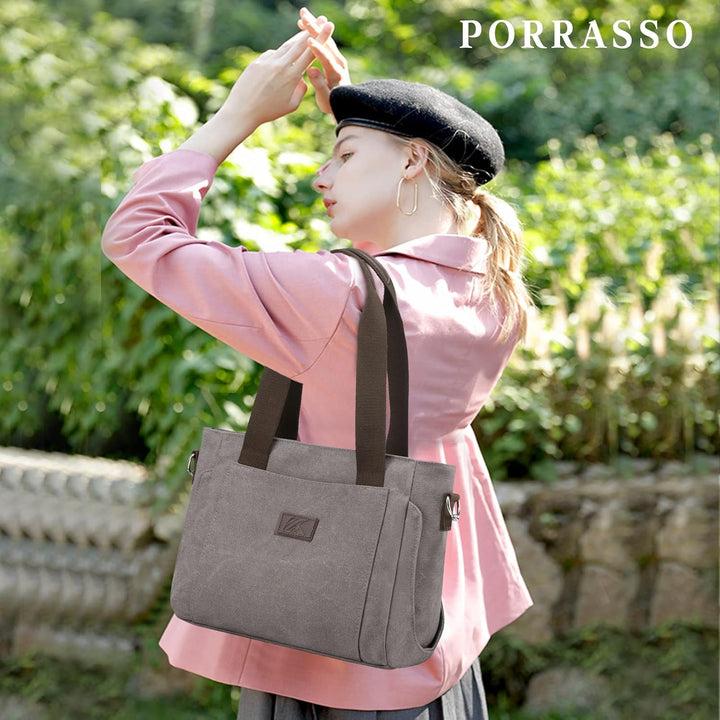 PORRASSO Damen Umhängetasche Segeltuch Handtasche Casual Schultertasche Hobotasche mit Mehreren Tasc