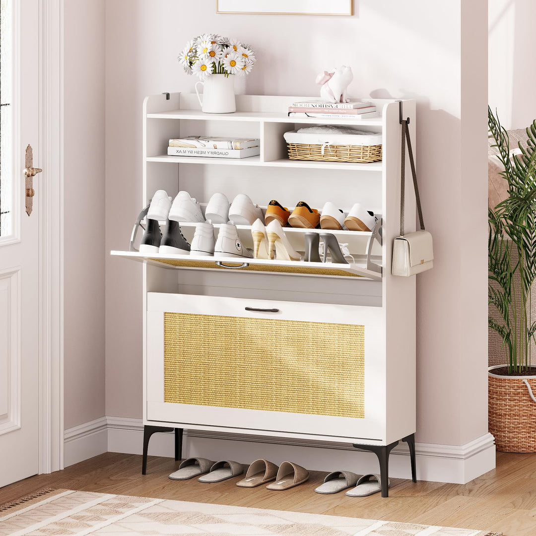 Dripex Schuhschrank weiss, Schuhkipper mit Rattan-Dekor, mit 2 Flip-Schubladen,Schuhregal schmal mit