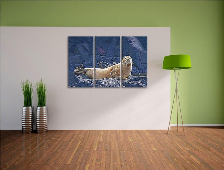 Robbe entspannt auf Felsen NewArt 3-Teiler Leinwandbild 120x80 Bild auf Leinwand, XXL riesige Bilder